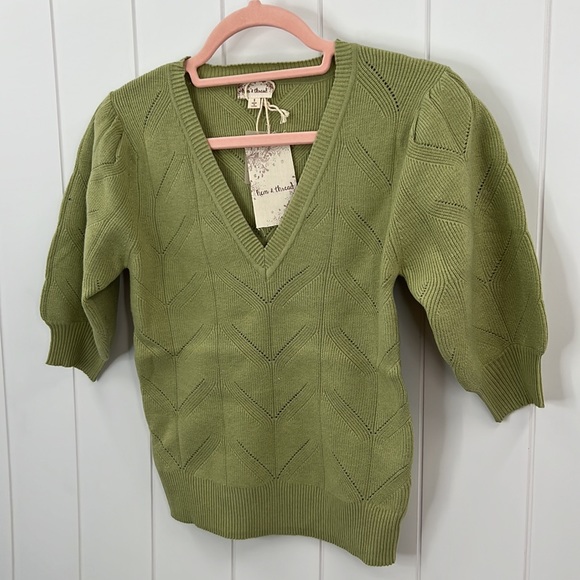 🆕Hem & Thread Sweater V Neck Jacquard Volume Puff Sleeve Lime/Olive S,M & L - Picture 3 of 6